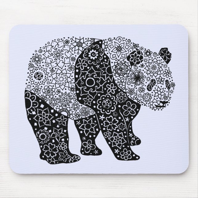Hand Illustrated Artsy Floral Panda Bear Mouse Pad (Front)