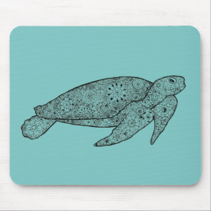 Hand Illustrated Artsy Floral Sea Turtle Mouse Pad