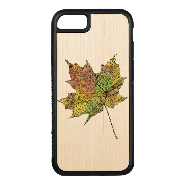 Hand Illustrated Artsy Maple Leaf Carved Wood iPhone Case (Back)