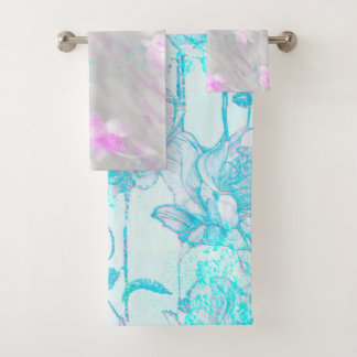 Hand Illustrated  Flowers Print Wash  Bath Towel Set
