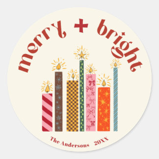 Hand-Illustrated Merry + Bright Christmas Sticke C Classic Round Sticker