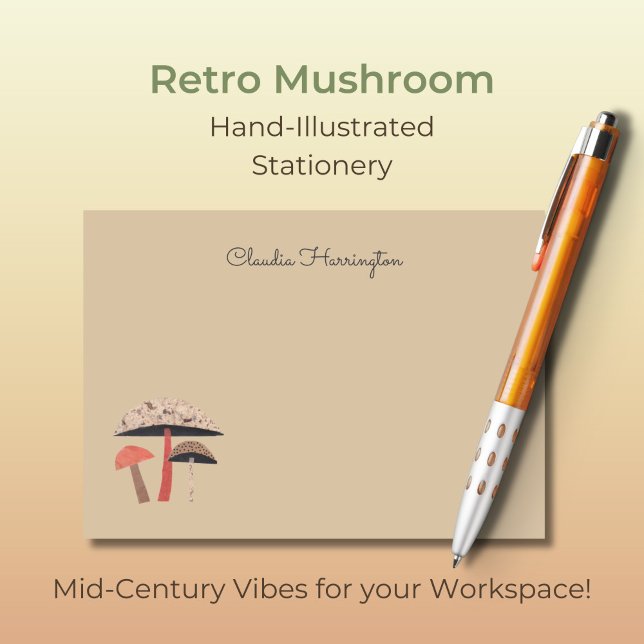 Hand-Illustrated Midcentury Mushroom Natural Brown Post-it Notes (Personalize these cute taupe mid-century mushroom note cards. They are unique and hand-illustrated.)