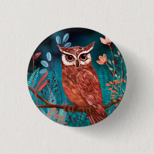 Hand-illustrated owl by the artist - Boho Nature 1 Inch Round Button