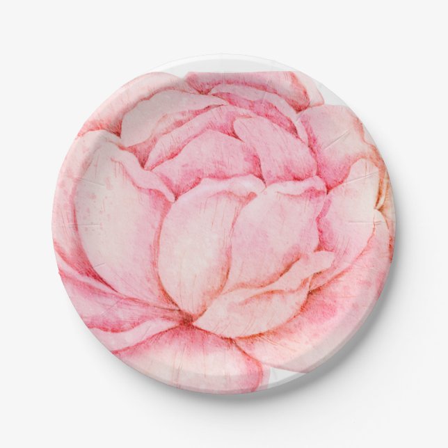 Hand Illustrated Pink Peony  Paper Plate (Front)