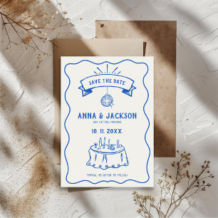Hand Illustrated Quirky Retro Drawing Blue Wedding Save The Date