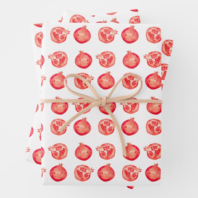 Hand-Illustrated Red Watercolor Pomegranate Fruit Wrapping Paper Sheet (In situ)