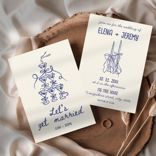 Hand Illustrated Retro French Blue Quirky Wedding Invitation (Let's get married Funny Whimsical Quirky Hand Illustrated Blue French Vintage Wedding Invitation )