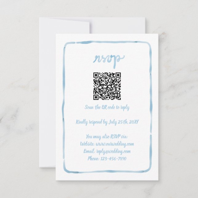 Hand Illustrated Simple Frame Light Blue QR Code RSVP Card (Front)
