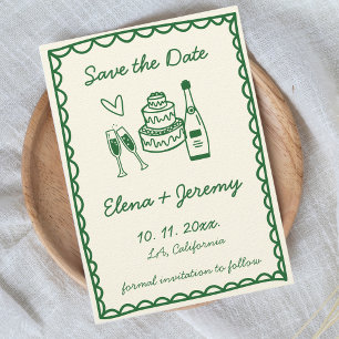 Hand Illustrated Vintage Colourful Green Wedding Save The Date