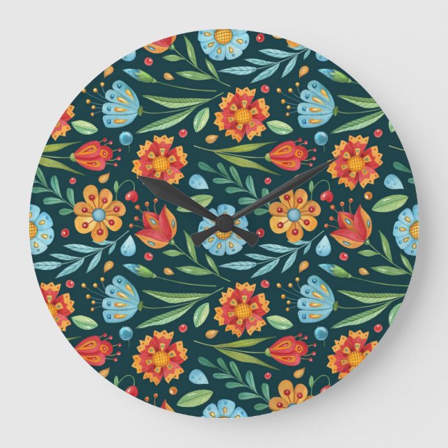 Hand-Illustrated Watercolor Flower Pattern Large Clock (Front)
