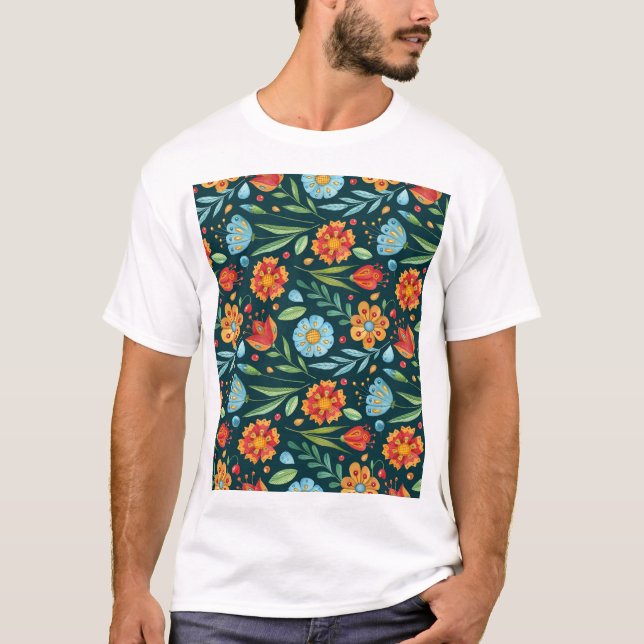 Hand-Illustrated Watercolor Flower Pattern T-Shirt (Front)