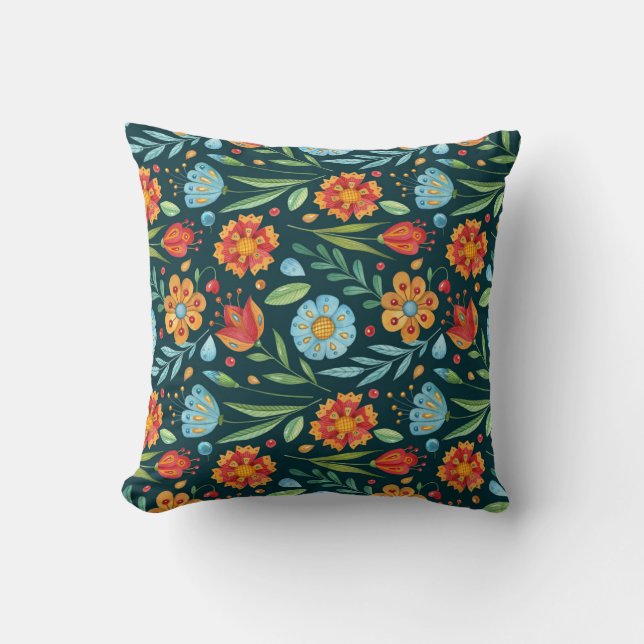Hand-Illustrated Watercolor Flower Pattern Throw Pillow (Front)
