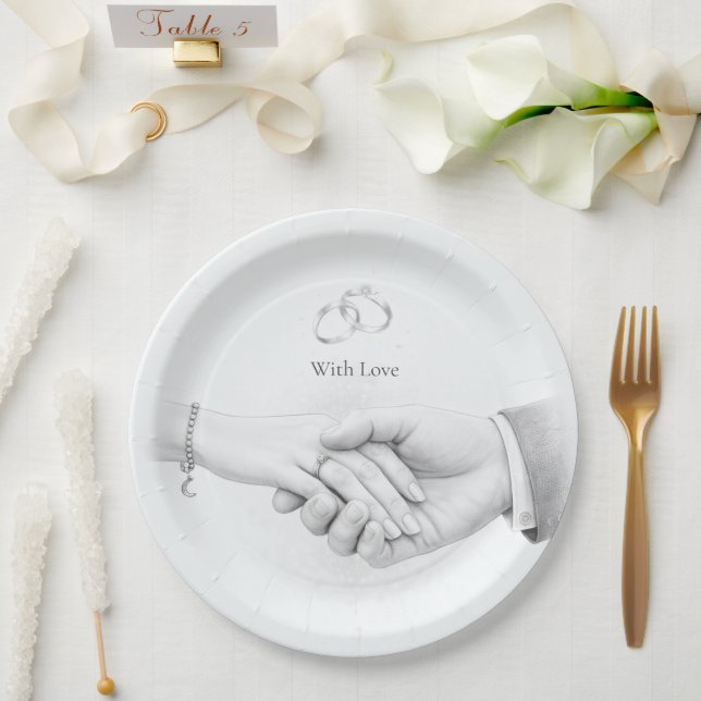 Hand in Hand Romantic Minimalist Wedding Paper Plate (Wedding)