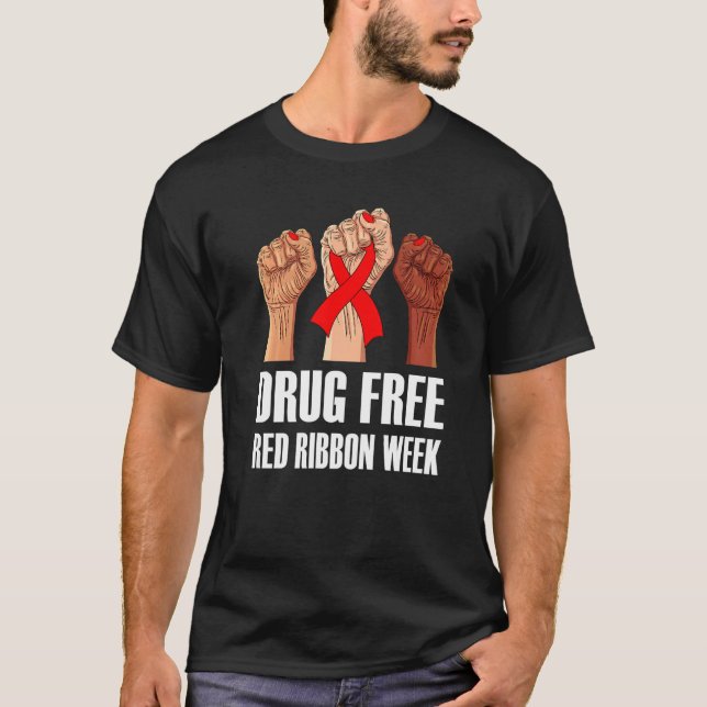 Hand In October We Wear Red Ribbon Week Awareness  T-Shirt (Front)