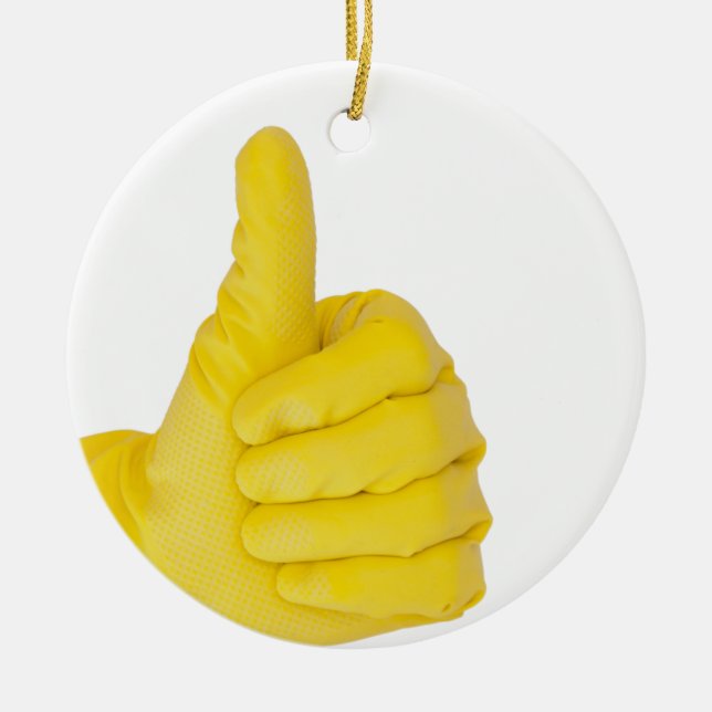 Hand in yellow latex glove ceramic ornament (Front)
