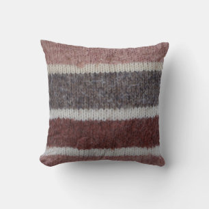 hand knitted brown and biege striped vintage throw pillow
