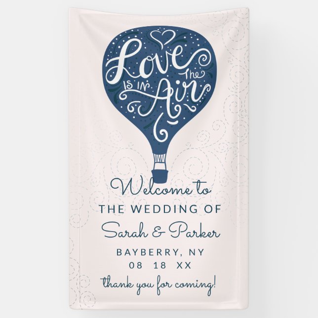 Hand Letter Navy Hot Air Balloon Wedding Welcome Banner (Vertical)