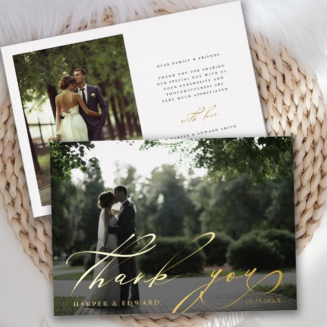 Hand Lettered 2 Photo Wedding Thank You Foil Card (Front & Back)
