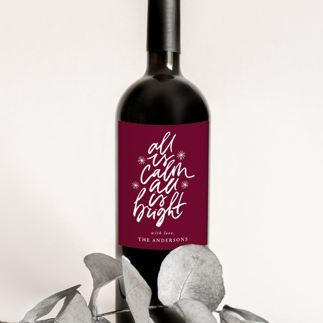 Hand-Lettered All Is Calm All Is Bright Purple Wine Label (Creator Uploaded)