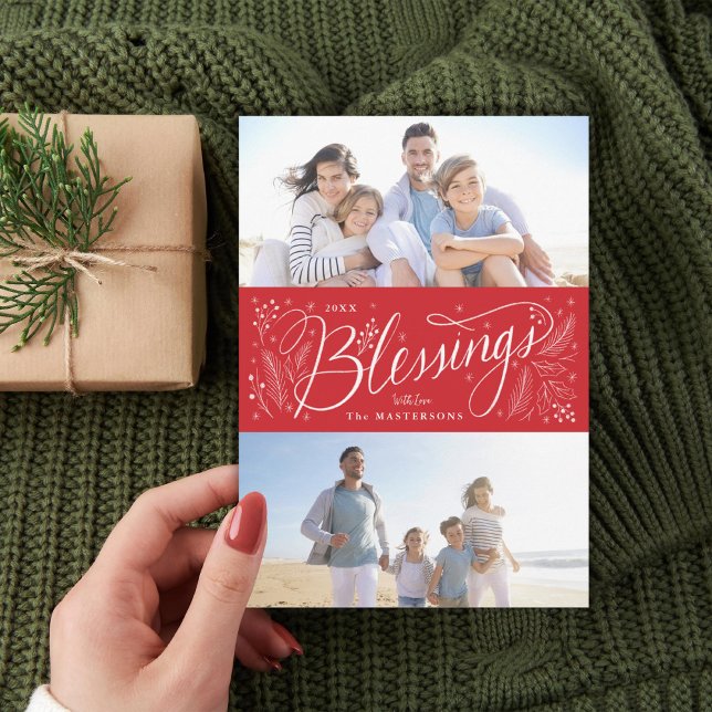 Hand-lettered Blessings 2 Photo Holiday Card (Creator Uploaded)