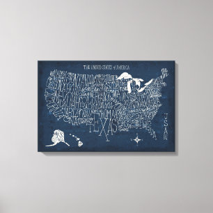 Hand Lettered Blue USA Map Canvas Print