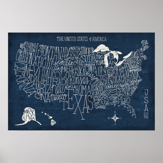 Hand Lettered Blue USA Map Poster (Front)