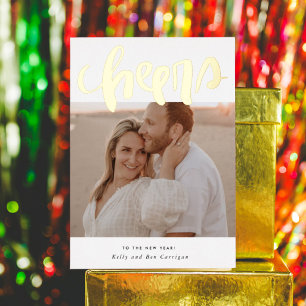 Hand Lettered Cheers Photo Gold Foil Holiday Card