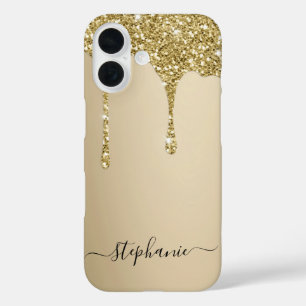 Hand Lettered Custom Name Gold Glitter Drips iPhone 16 Case