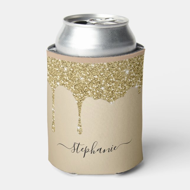 Hand Lettered Custom Name Gold Glitter Drips Luxe Can Cooler (Can Front)