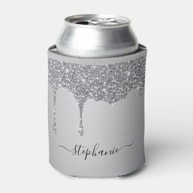 Hand Lettered Custom Name Silver Glitter Drips Can Cooler (Can Front)