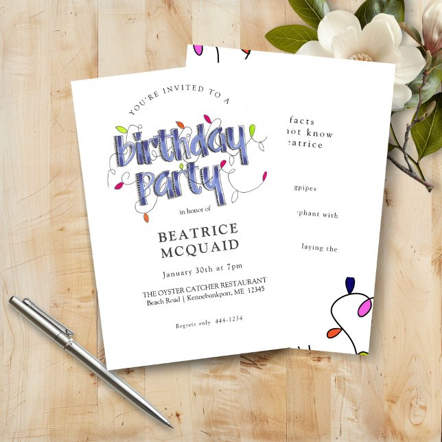 Hand Lettered Dusty Blue Fun Facts Birthday Party Invitation (Hand Lettered Fun Facts Dusty Blue Birthday Party Invitation)