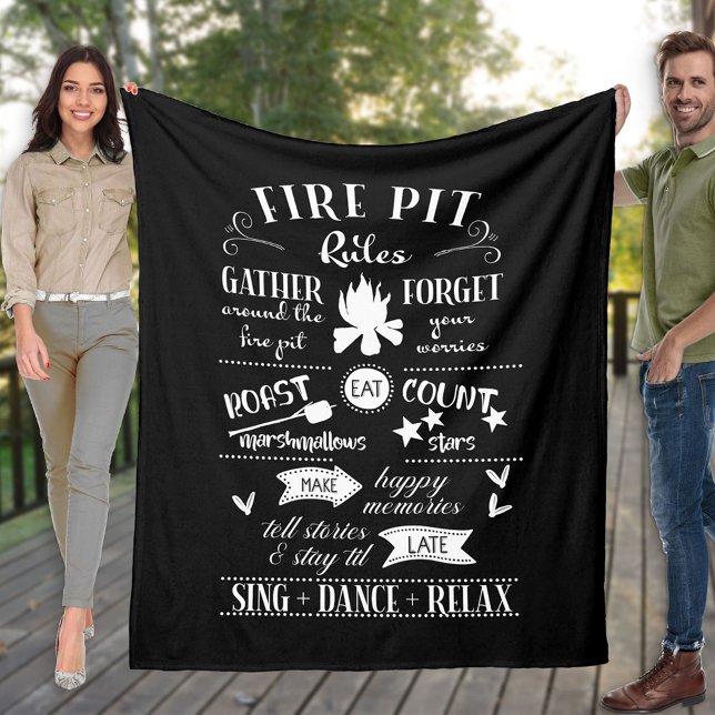 Hand Lettered Fire Pit Rules Black and White Fleece Blanket (Creator Uploaded)