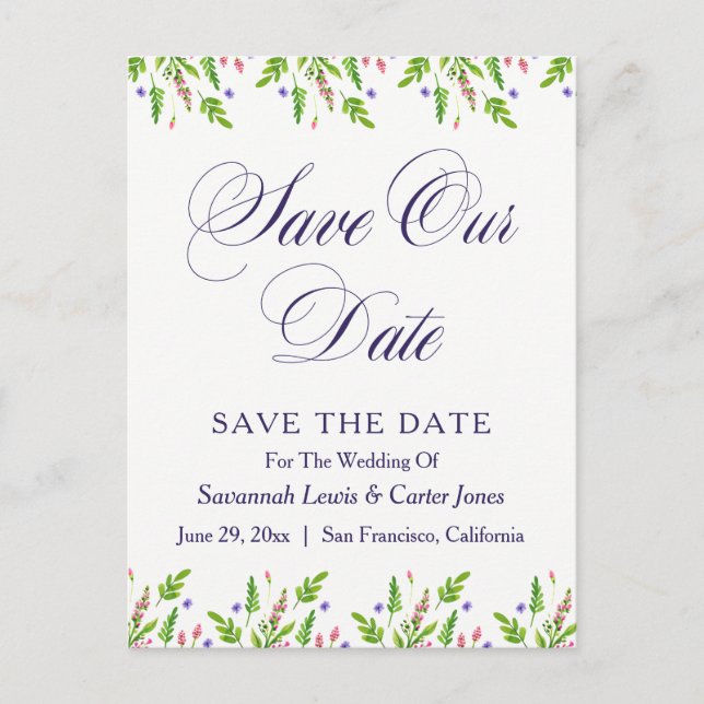 Hand Lettered Floral "Save The Date" Postcard (Front)