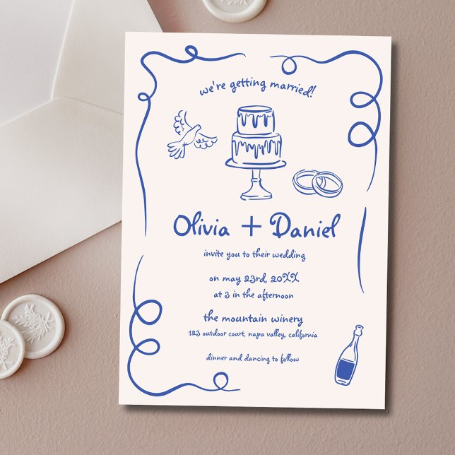 Hand Lettered French Blue Whimsical Wedding Invitation (Creator Uploaded)