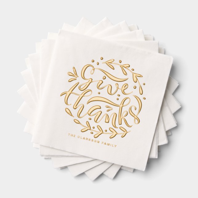 Hand Lettered Give Thanks Wreath Thanksgiving Foil Napkins (Insitu (Stacked))