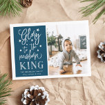 Hand Lettered Glory | Christmas Photo Card<br><div class="desc">Modern typography based holiday photo card features your favourite photo with "Glory to the newborn king" alongside in white hand lettered style typography. Personalize with your family name, individual names and/or your custom Christmas message. Cards reverse to a pattern of white snow and stars on a rich dark teal blue...</div>
