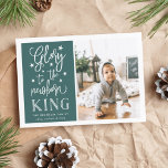 Hand Lettered Glory | Christmas Photo Card<br><div class="desc">Modern typography based holiday photo card features your favourite photo with "Glory to the newborn king" alongside in white hand lettered style typography. Personalize with your family name,  individual names and/or your custom Christmas message. Cards reverse to a pattern of white snow and stars on a spruce green background.</div>