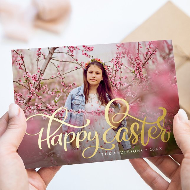 Hand-Lettered Gold Foil Script Happy Easter Photo Holiday Card (Creator Uploaded)