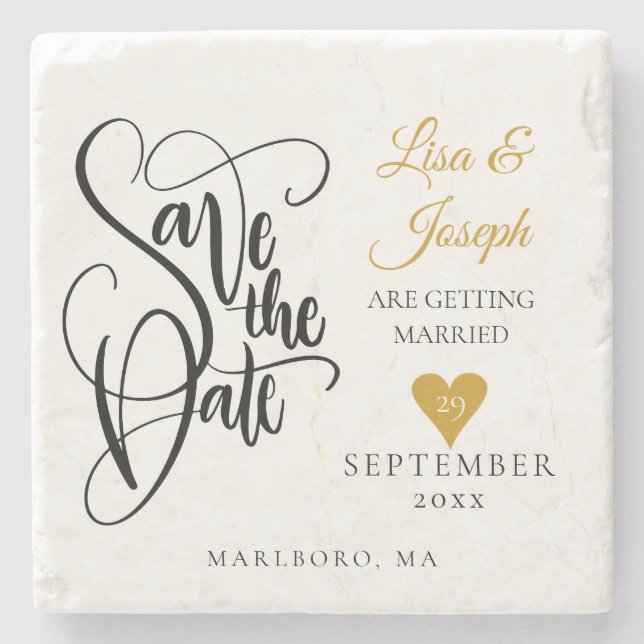 Hand Lettered Gold Heart Script Save the Date Stone Coaster (Front)