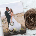 Hand Lettered Gold Script Heart Photos Wedding Thank You Card<br><div class="desc">Elegant and simple wedding thank you template folded card featuring a hand lettered typography script text with a heart between the words. Add your favourite photo full bleed in the front and another photo in the back with default message on the back that is editable.</div>