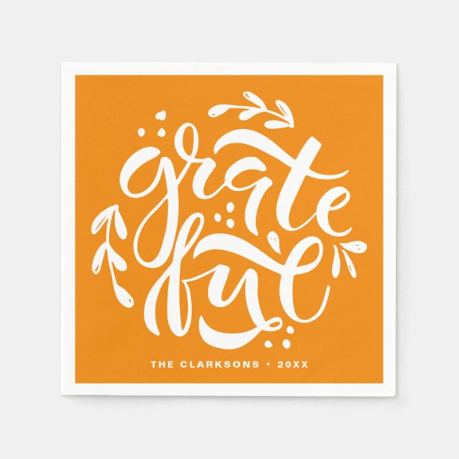 Hand Lettered Grateful Orange Thanksgiving Napkin (Front)