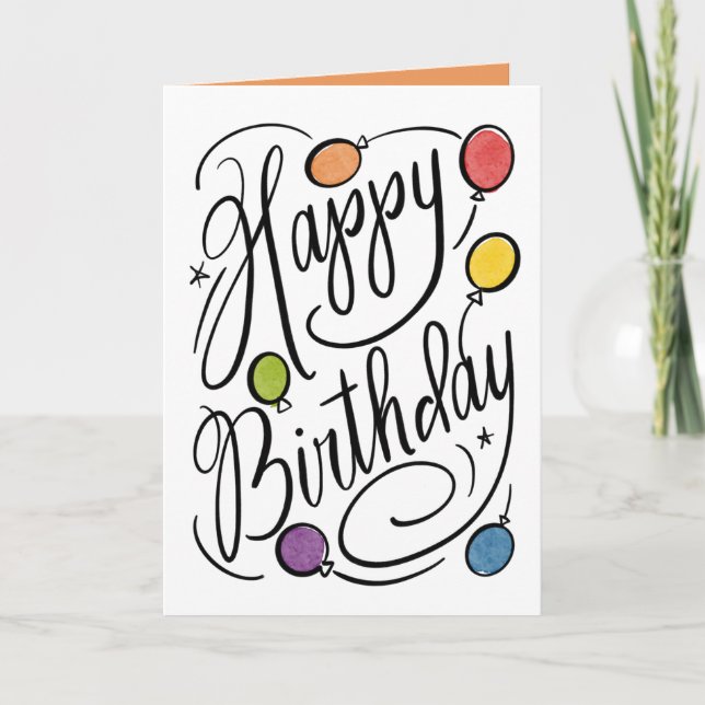 Hand-Lettered Happy Birthday Rainbow Balloons Card (Front)
