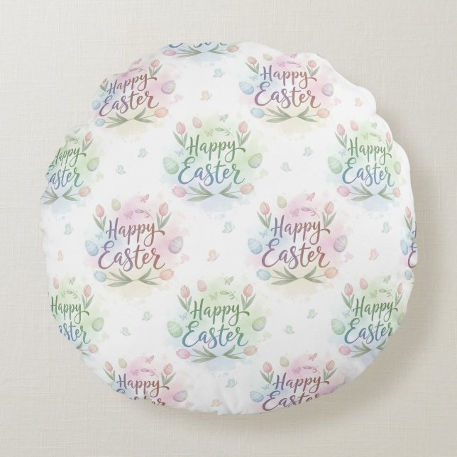Hand-Lettered Happy Easter Watercolor Round Pillow (Front)