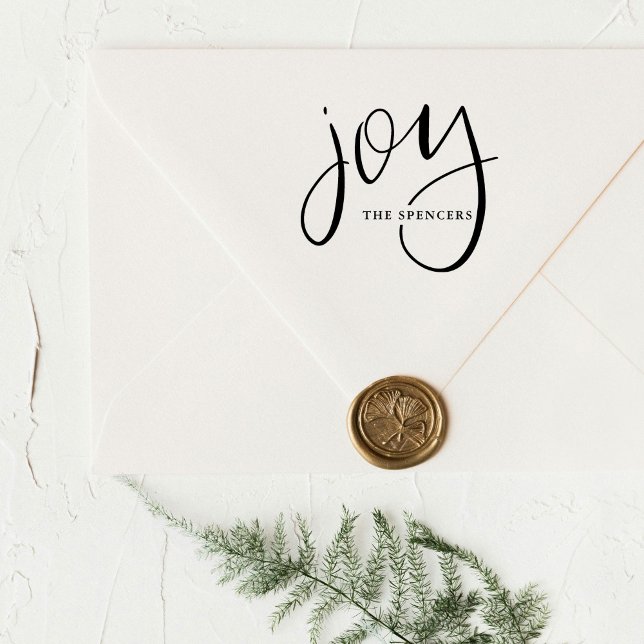 Hand Lettered Joy Custom Name Rubber Stamp (Christmas joy custom holiday rubber stamp.)