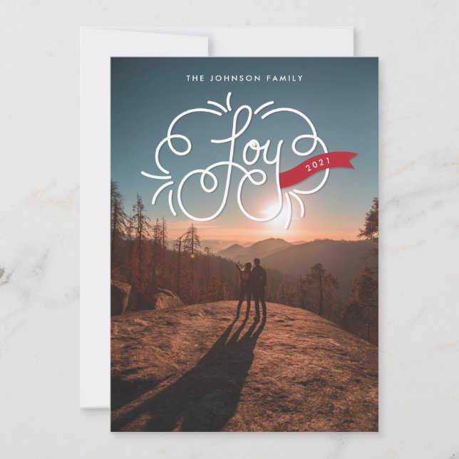 hand lettered joy dark red ribbon holiday photo card (Front)