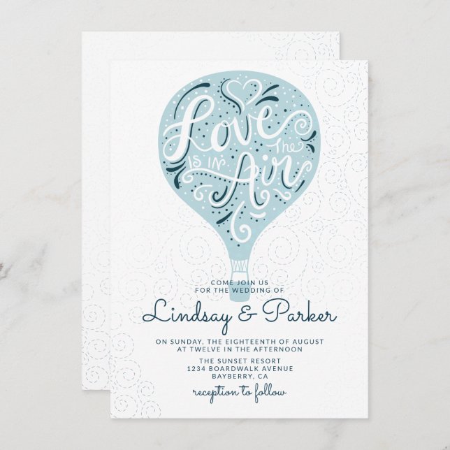 Hand Lettered Love Blue Hot Air Balloon Wedding Invitation (Front/Back)