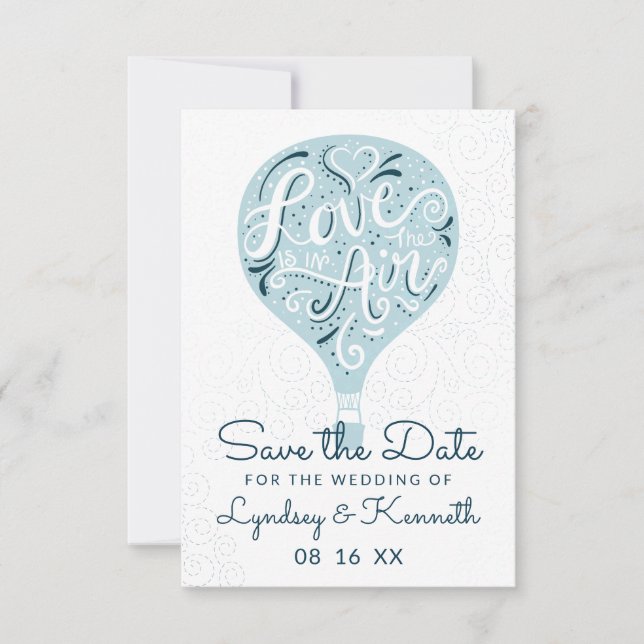 Hand Lettered Love Light Blue Hot Air Balloon Save The Date (Front)