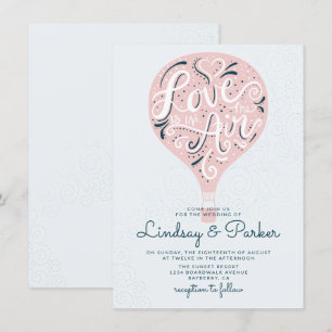Hand Lettered Love Pink Hot Air Balloon Wedding Invitation