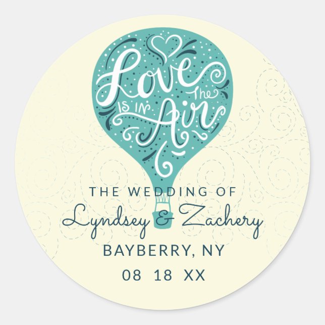 Hand Lettered Love Teal Hot Air Balloon Wedding Classic Round Sticker (Front)