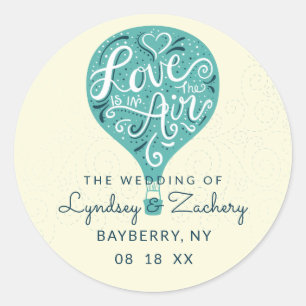 Hand Lettered Love Teal Hot Air Balloon Wedding Classic Round Sticker
